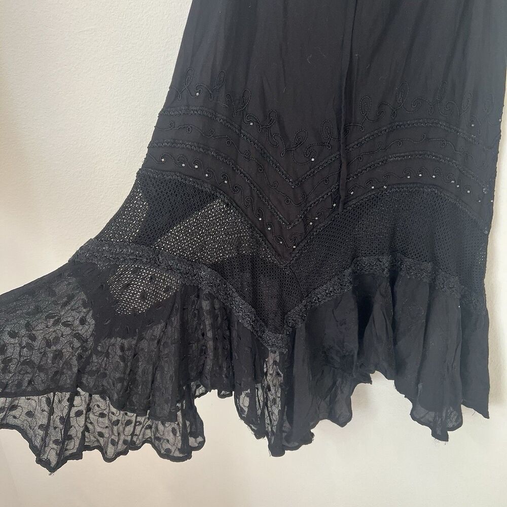 L.S.I. Black Embroidered Crochet Lace Handkerchief Hem Midi Skirt indie L/XL
